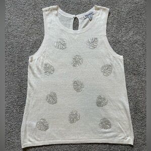Tommy Bahama White Linen Blend Sleeveless Tank with Metallic Leaf Embellishments